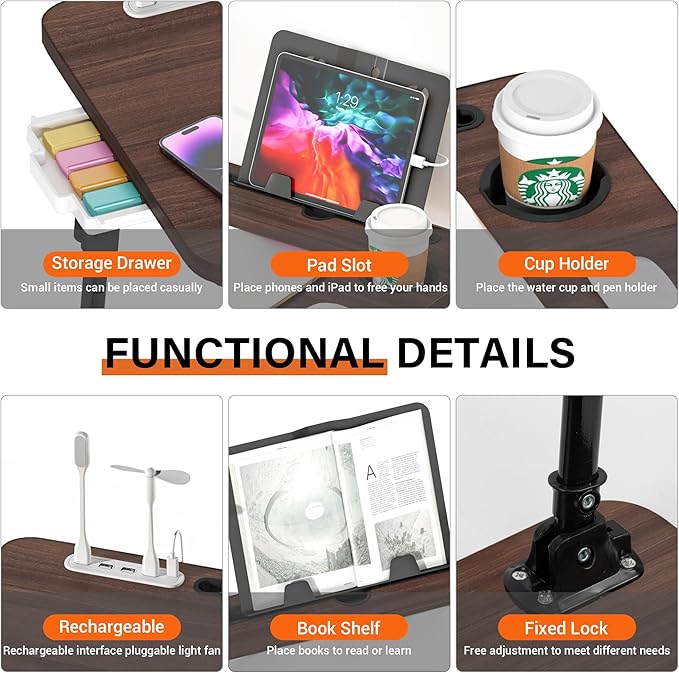 DECOSIS Laptop Desk for Bed Height Adjustable, Lap Bed Table with USB/Storage Drawer/Cup Holder/Tablet Stand/Book Shelf, Foldable Breakfast Tray Portable for Reading Writing, Sofa & Floor, Walnut