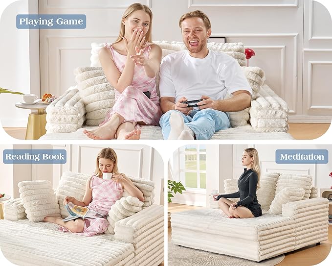 Jocisland 58-Inch Chaise Lounge, Complete with Cozy Throw Pillows, Upholstered Sofa Bed with Armrests, Plush Sleeper Bed for Living Room, Off-White