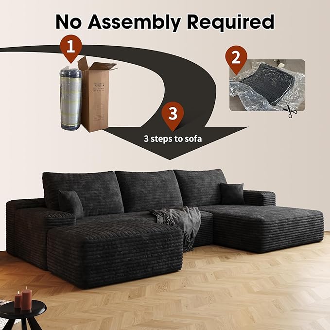 AUGOP 108" Sectional Couches for Living Room Modern Modular Sofa with L-Shape Couchs Upholstered Boneless Couch Deep Seat Sectional Couch with Chaise (Black, Right Facing Chaise+2Seaters+1Ottoman)