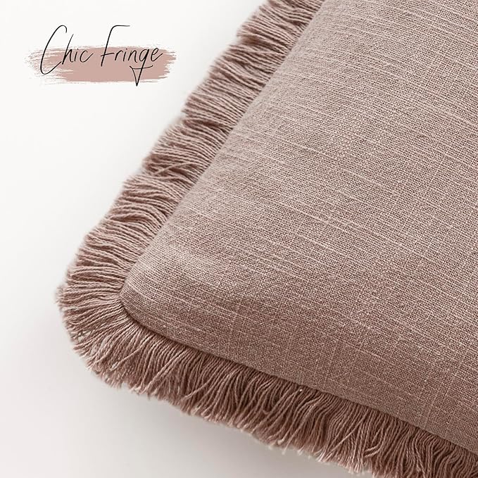 Foindtower Set of 2 Decorative Linen Fringe Throw Pillow Covers Boho Farmhouse Cushion Cover with Tassels Soft Accent Pillowcase for Couch Sofa Bed Living Room Home Decor,18×18 Inch,Dusty Pink