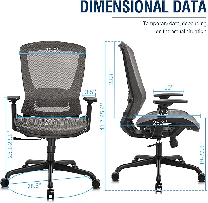 ELABEST T96 Mesh Office Chair,Ergonomic Computer Desk Chair,Sturdy Task Chair- Adjustable Lumbar Support & Armrests,Tilt Function,Comfort Wide Seat,Swivel Home Office Chair