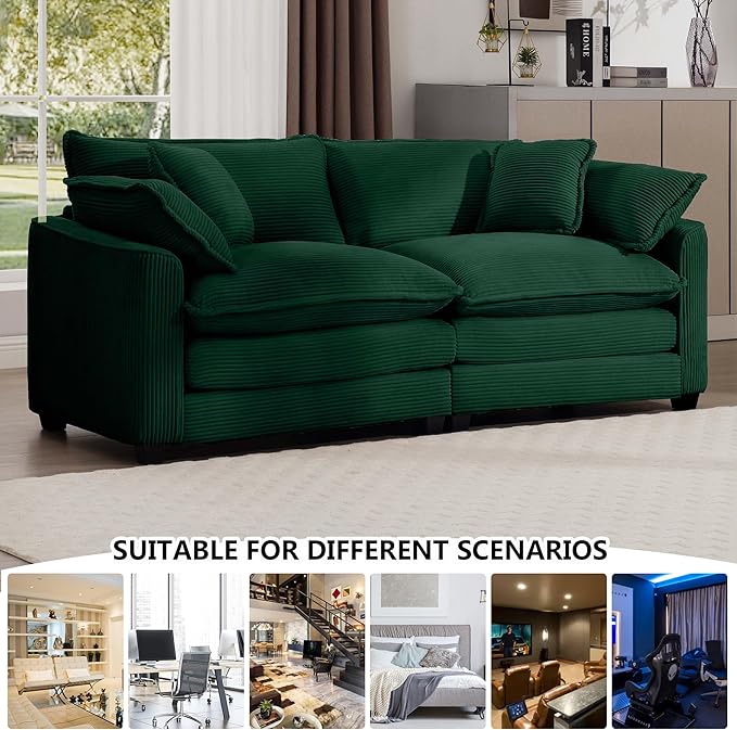 Aoowow Corduroy Loveseat Couch,Modern 2 Seater Cloud Couches for Living Room,Modular Sectional Cloud Sofas with Deep Seat,Large Love Seat for Small Spaces,Apartment,Office. (Green, 2 Seater)