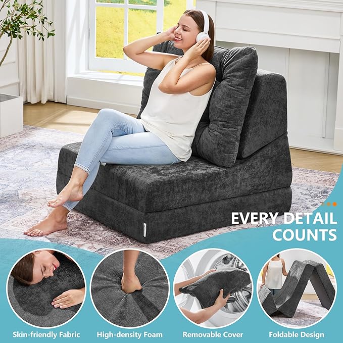 Hobestluk Sofa Couch Folding Sofa Bed Comfy Floor Lounger Convertible Sofa with Removable Cushion Couches for Small Spaces Foldable Mattress for Living Room Bedroom or Office (Chenille Grey, Large)