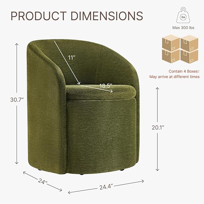 Upholstered Dining Chairs with Casters, Rolling Modern Dining Room Chairs with Hidden Storage & Barrel Backrest, Easy Assembly Accent Chair for Bedroom, Living Room, Dressing, Green Fabric,4PCS
