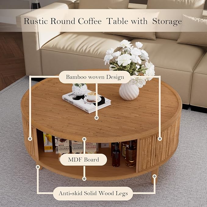 Round Coffee Table - Bamboo Woven Tabletop & Anti-Skid Solid Wood Legs 30.5" Rustic Center Tables with with Ample Storage Space for Living Room Apartment (Round 30.5in)