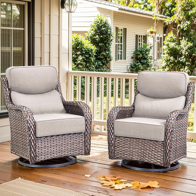 moosprr Luxury Outdoor Swivel Rocker Patio Chairs Set of 2, High Back Swivel Patio Chairs with 6-Inch Thick Cushions, Wicker Outdoor Chair for Porch, Patio, Yard, Deck, Poolside, Brown/Beige