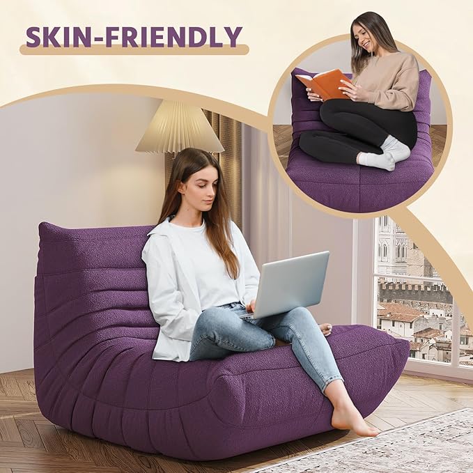 Bean Bag Chair, Fireside Chair, Large Bean Bag Chair for Adults, Bean Bag Chairs for Teens with High-Resilience Foam, Non-Slip Base Floor Lounge Sofa,Living Room (Purple, Single)