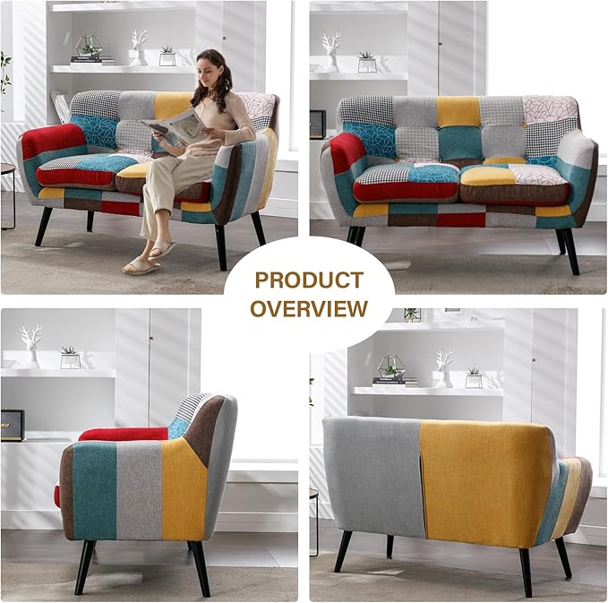 Bonzy Home Modern Boho Loveseat Couch Sofa Chair for Living Room Bedroom, Upholstered Colorful Plaid Fabric 2-Seat Love Seat Sofa with Wood Leg for Small Space, One Loveseat