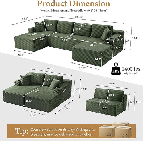 133" Sectional Couches for Living Room Cloud Couch Sofa with L-Shape Upholstered Boneless Couchs Modern Modular Sectional Couch with Chaise (Green, 133" W+U Facing Chaise)