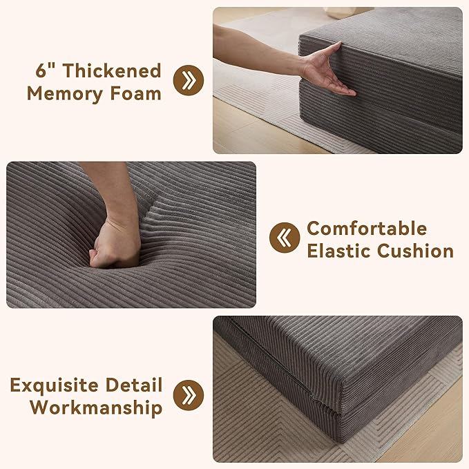 Folding Sofa Bed Convertible Floor Couch Foldable Chair Bed with Pillow，Linen Sleeper Chair Futon,Foldable Memory Foam Mattress for Bedroom/Living Room/Dorm/Office (Corduroy Grey, Single)