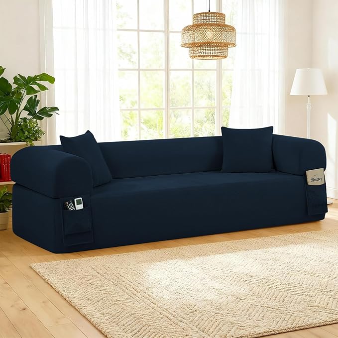 GJQ 3 Seater Couch, Corduroy Boneless Couches for Living Room,Compressed Cloud Sofa in a Box with 2 Pillows & Storage Bag,Memory Foam Floor Sofa with Armrests,No Assembly Required,Blue