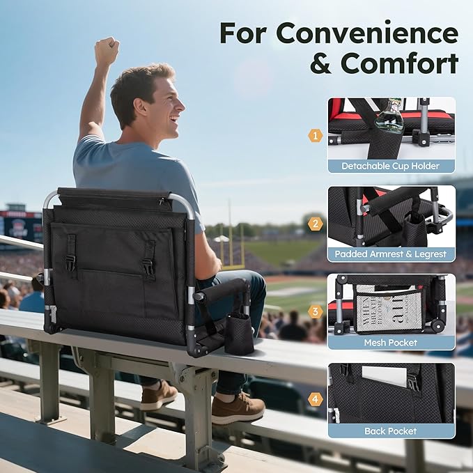 LET'S CAMP Folding Stadium Seat Bleacher Chair with Cup Holder, Mesh Bag and Hide Hooks, Portable Stadium Chair with Back and Cushion