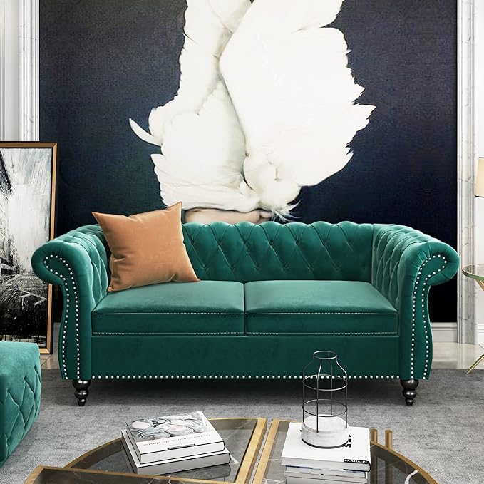 QHITTY Accent Sofa, Chesterfield Loveseat Modern Velvet Couch Upholstered Sofa with Tufted Back for Living Room Furniture (Green)