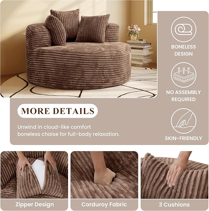 WJShome Oversized Round Chaise Lounge Chair Indoor, Modern 50-inch Upholstered Corduroy Deep Seat Circle Single Foam Couch,Cloud Lounge Floor Sofa Chair for Living Room, Brown