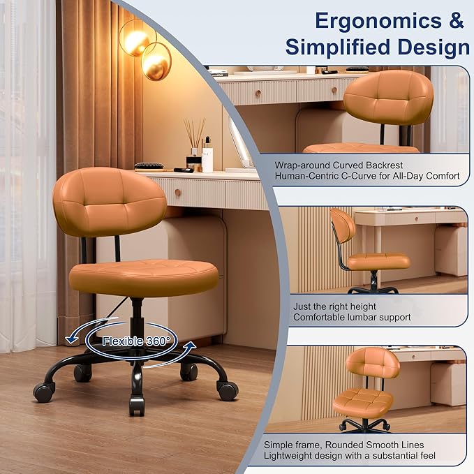 Misolant Small Office Chair, Armless Desk Chair with back, Cute Vanity Chair with wheels and Lumbar support, Comfy PU Leather Computer Chairs with Adjustable Height for Small Space, makeup Home, Brown