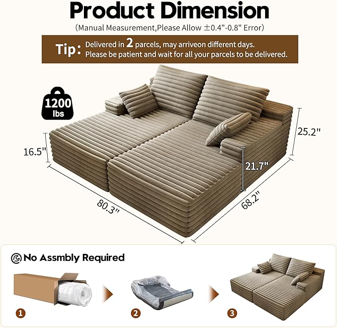 80” Oversized Double Lounge Chaise,Cloud Plush Sofa Bed,Upholstered Boneless Cloud Sofa Deep Seat,No Assembly Required,Modern Corduroy Sleeper Loveseat Chair for Living Room Bedroom Reading,Camel