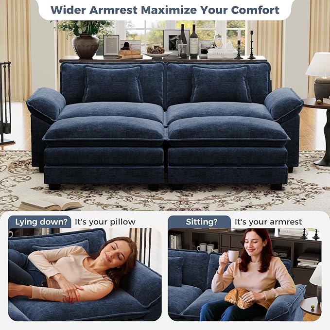 CDCASA 86" Modular Sectional Sofa, Comfy Cloud Couch with 2 Movable Ottoman, 4-Seater Chenille Deep Seat Sofa Bed Modern Sofa Couch for Living Room, DIY Combination, Blue