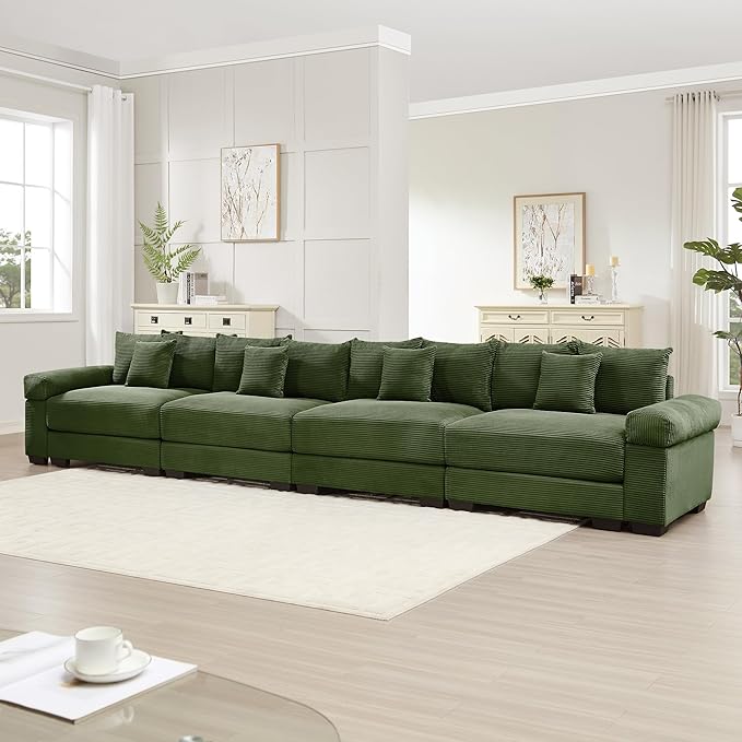 KEIKI 168" Oversized Corduroy Modular Cloud Sectional Sofa with High-Density Foam Cushions, Extra-Thick Armrest, Upholstered Modern 4-Seater Fluffy Corner Couch with 12 Pillow, for Living Room, Green