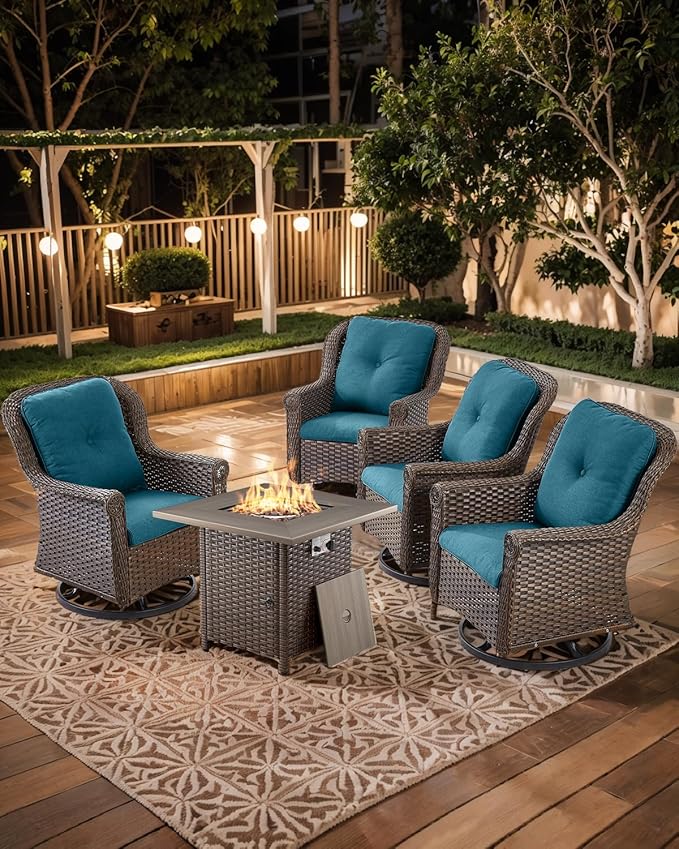 ACTREST Outdoor Patio Swivel Gliders with Fire Pit Table 5 Piece Set - High Back Brown Wicker Rattan Rocking Chair with Thick Cushion for Porch Apartment Deck Yard Poolside Garden - Peacock Blue