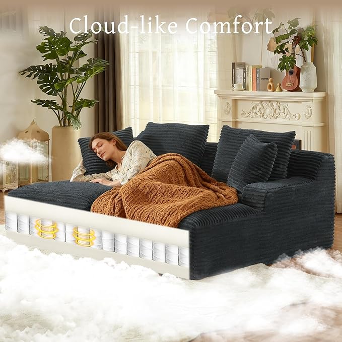 VEPXXP 80" Double Chaise Lounge Chair Indoor, Oversized Boneless Couch Comfy Upholstered Sleeper Sofa Bed with 4 Pillows, Corduroy Cloud Loveseat Chair for Living Room No Assembly Required, Dark Grey