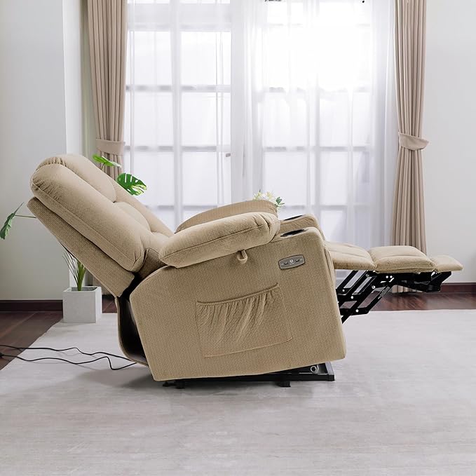 MCombo Power Lift Recliner Chair with Massage and Heat for Elderly People, Cup Holders, USB Ports, Side Pockets, Fabric 7529 (Medium, Beige)