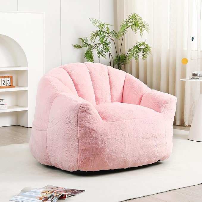 Setawix Giant Bean Bag Chair with Filler, Comfy Faux Fur Bean Bag Chairs for Adults and Kids, Lazy BeanBag Sofa Stuffed Floor Sofa with Memory Foam for Bedroom Apartment Living Room,Pink