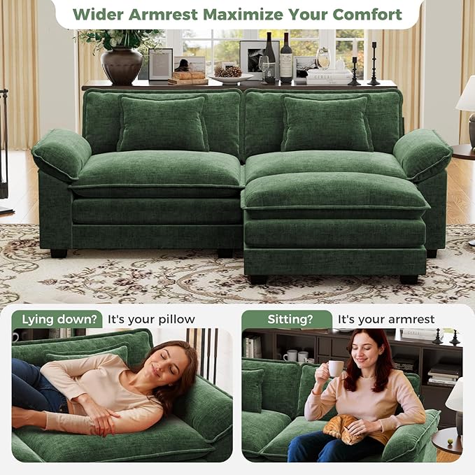 CDCASA 86" Modular Sectional Sofa, Comfy L-Shaped Cloud Couch with Movable Ottoman, 3-Seater Chenille Deep Seat Modern Sofa Couch for Living Room, DIY Combination, Green