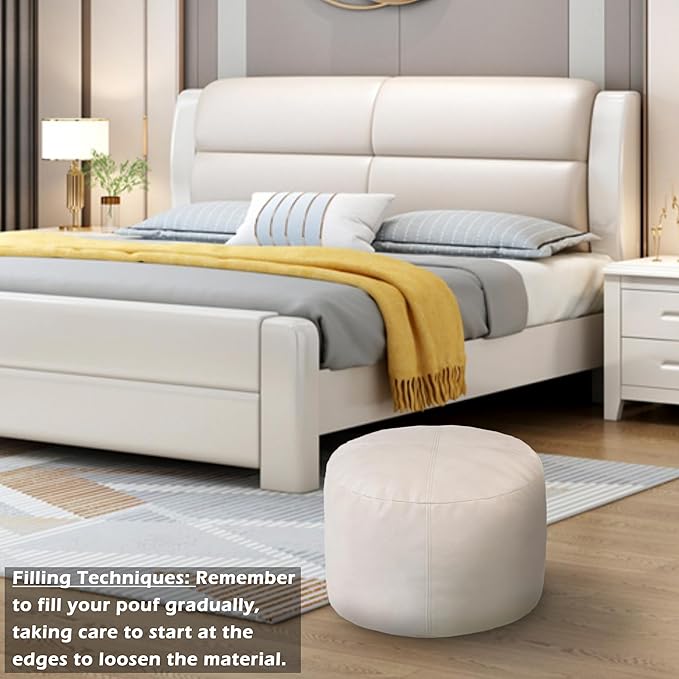 Thgonwid Unstuffed Faux Leather Pouf Cover, Handmade Footstool Ottoman Storage Solution, Floor Footrest Cushion - 16.5”Dx12”H, Ivory White