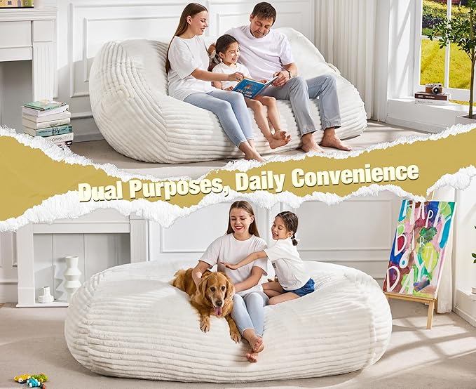 Hobestluk 6FT Bean Bag Chairs Adult Bean Bag with Portable Handle Comfy Large Bean Bag Lounge Chair with Removable Cover for Living Room Bedroom (Stripe White, 6FT)