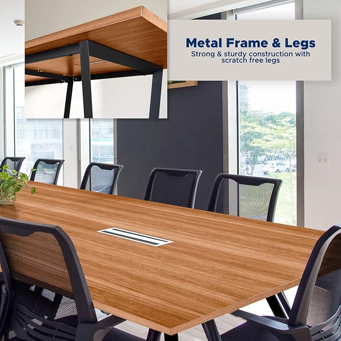 ahliss Sturdy Conference Table with Cable Management Grommets Modern Rectangle Office Meeting Table with Wood Tabletop and Metal Frame & Legs- Easy Assembly Boardroom Table (Natural, 10 Foot)