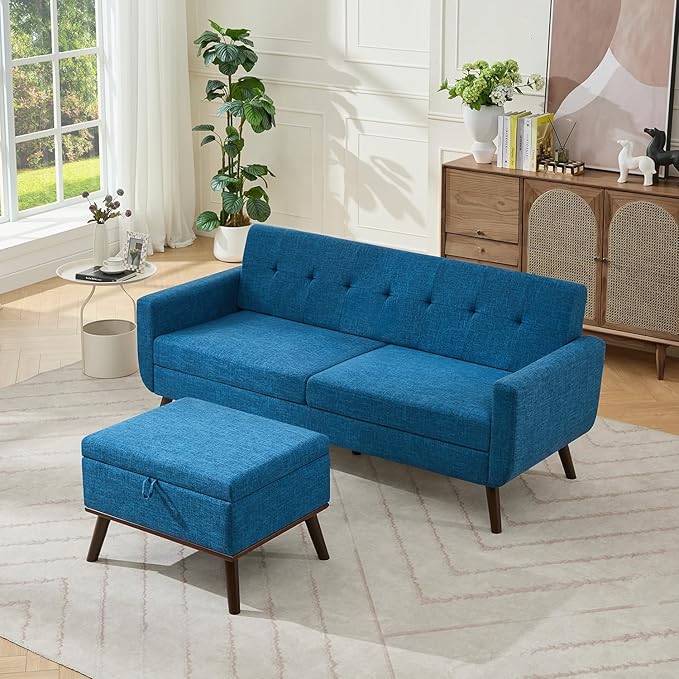 Tbfit Mid Century Modern Sofa, Loveseat Couch, Blue, Standard Sofa & Ottoman | linen fabric, button tufted, solid wood foot, pocket spring, wood slats frame