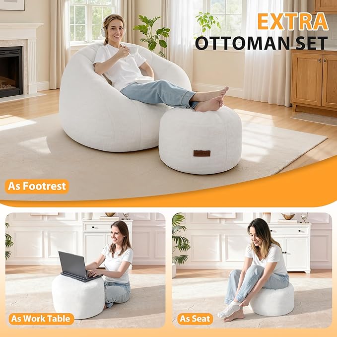 HABUTWAY Bean Bag Chair, Oversized Shell-Shaped Bean Bag Couch with Ottoman, Giant Beanbag Chair for Adults and Kids, Comfy Bean Bag Sofa & Footstool, Large Floor Sofa for Living Room Bedroom, Beige