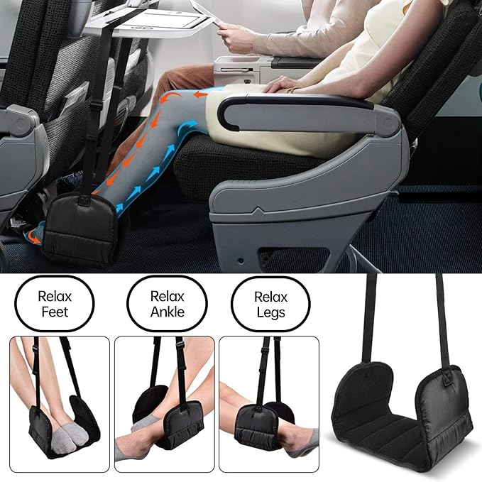 Portable Travel Sleep Comfort Set for Plane 2 Inflatable Travel Pillows,Foot Rest Hammock,Eye Mask Ear Plugs for Airplane Flight Essentials for Seat Airplane Gadgets forSleep Comfort Kit