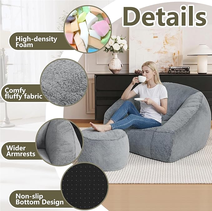 Bean Bag Chairs with Ottoman for Adults, Comfy Beanbag Chair with High-Resilience Foam, Oversized Bean Bag Sofa with Soft Faux Fur Fabric, Bean Bag Chair for Living Room,Bedroom,Dark Grey