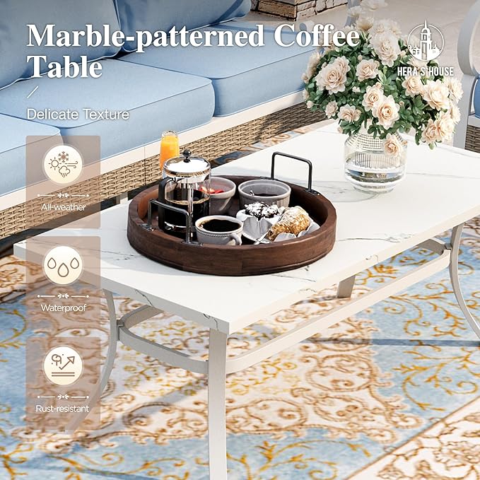 HERA'S HOUSE Patio Furniture Set with Metal & Rattan Design 4-Piece, 2 Rocking Chairs, 2-Seat Lover Sofa & Marble Coffee Table, All-Weather Outdoor Conversation Set for Garden Backyard Lawn, Blue