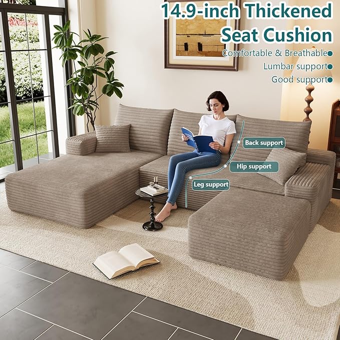 95" U-Shape Cloud Couch, Modern Modular Sectional L-Shape Sofa with Ottoman, Corduroy Upholstered Couches Deep Seat Sleeper Chaise Longue for Living Room, No Assembly Required(Camel, Left Facing)