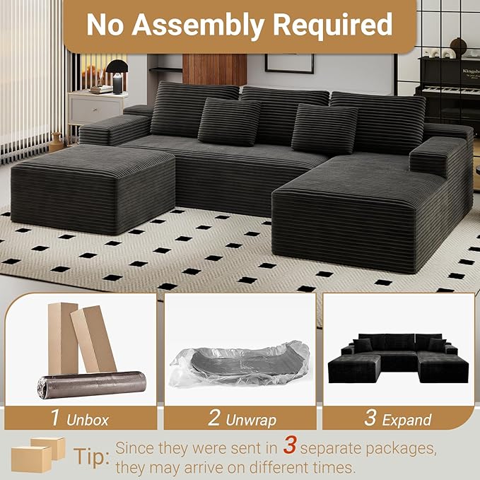 KAPEETOO U Shaped Modular Sectional Sofa with Right Chaise Ottoman, Boneless Couch with Deep Seat, Oversize 3-Seater Sofa U Shaped Set for Living Room Bedroom (Black)