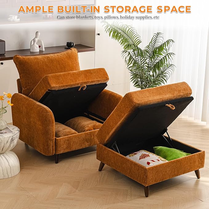 Oversized Accent Chair with Ottoman,All Seats Storage,Comfy Big Armchair,24.5'' Deep Seat,Upholstered Living Room Chairs,Reading Chair,Lounge Chair for Bedroom,Office,Chenille,Yellow