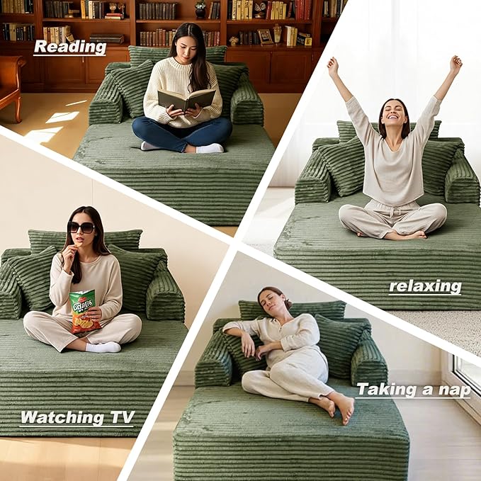 Oversized Chaise Lounge Chair Indoor, Upholstered Single 61'' Round Arm Boneless Cloud Sofa Bed Sleeper Couch, No Assembly Faux Rabbit Fur Memory Foam Reading Chair for Living Room Bedroom Green