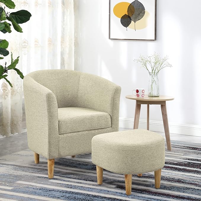 DAZONE Accent Chair, Barrel Chair with Ottoman Comfy Arm Mid Century Modern Footrest Set Comfortable Living Room Chairs Upholstered Club Tub Sofa for Bedroom Reading Beige Set of 1