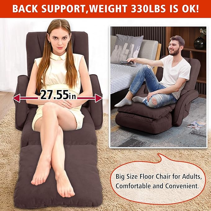 Foldable Lazy Sofa Bed 14-Position Adjustable Comfy Floor Chair Chaise Lounge with Armrests and Pillow with Gaming Recliner for Adults Kids with Foot Rest Futon Sofa (Brown)