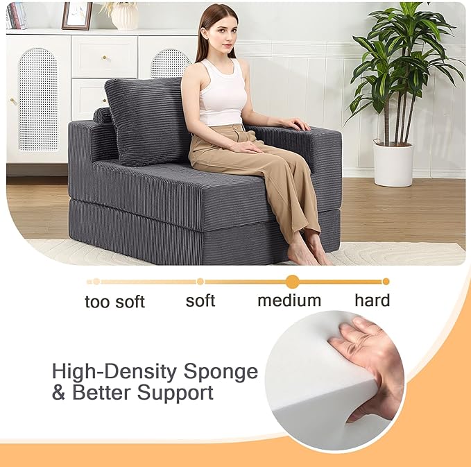 MeMoreCool Folding Sofa Bed L‑Shaped Convertible Sleeper Sofa with Armrest Dark Grey – Fold‑Out Chair Bed for Living Room & Bedroom, Dual‑Section Configurable Foam Seating, Durable Lounge