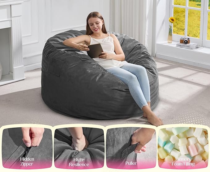Hobestluk Giant Bean Bag Chair Bed for Adults, Large Bean Bags with High-Density Foam Filling, Convertible Big Sofa Bed Couch for Living Room, Bedroom, Playroom (Grey, Full)