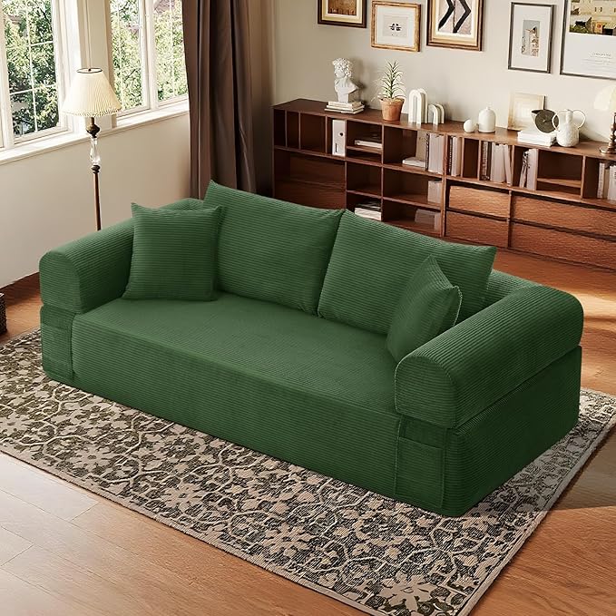 83" Sofa in a Box, 3 Seater Couch No Assembly Boneless Sofa Bed with Cushion Back 2 Matching Pillows Deep Seat Corduroy Fabric Side Storage Pockets for Living Room, Bedroom, Apartment, Office, Green