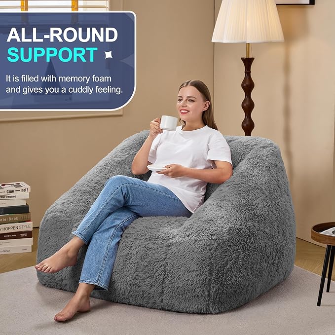 Hobestluk Bean Bag Chairs for Adults Giant Bean Bag Chair with Memory Foam Filling, Adult Beanbag for Bedroom, Living Room (Grey Plush)