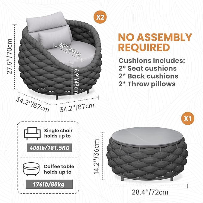 Erotr 3 Pieces Balcony Seating Set: Aluminum Woven Rope Patio Chair Furniture Set - All Weather Metal Outdoor Conversation Set - Assembled Armchair with Table for Bistro Deck Porch Apartment Hotel