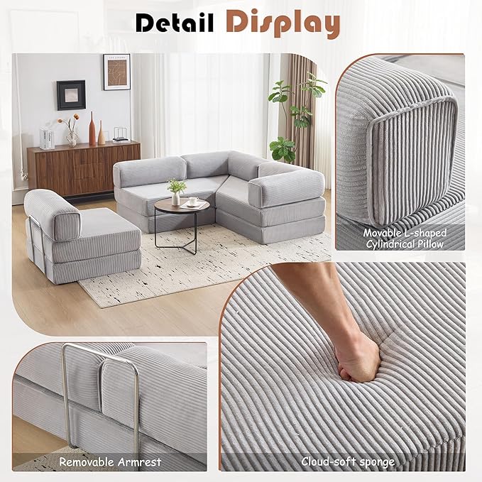Modular Convertible Sofa Bed 106" L-Shaped with Reversible Chaise, Corduroy Floor Sleeper Boneless Couch, Folding Futon for Living Room, Apartment, Small Spaces, No Assembly Required, Grey