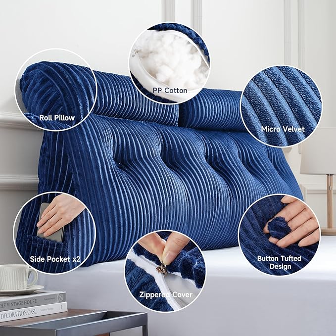 Z-hom Large Wedge Pillow Headboard, Full Triangular Headboard Pillow, Reading Pillow Bed with a Roll Pillow for Bed Sitting Up Sleeping, Backrest Cushion Headboard Gap Pillow for Back,Blue