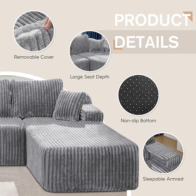Modular Sectional Sofa Couches L-Shape Couch 3 Seat Modular Sofa Memory Foam Sectional Couches for Living Room, Cloud Couch with Oversized Chaise (Light Grey Stripe, 108" Right Facing Chaise)