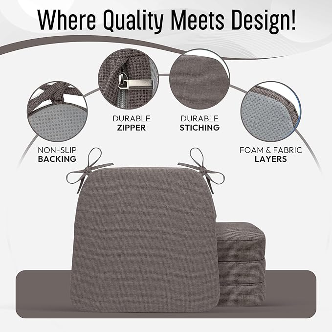 D-Shaped Indoor Chair Cushions 17" x 16" for Kitchen & Dining Chairs – 2'' Thick Seat Pads with Ties & Non-Slip Backing, High-Density Foam, Machine-Washable Covers, Set of 4 with Chair Leg Pads, Gray